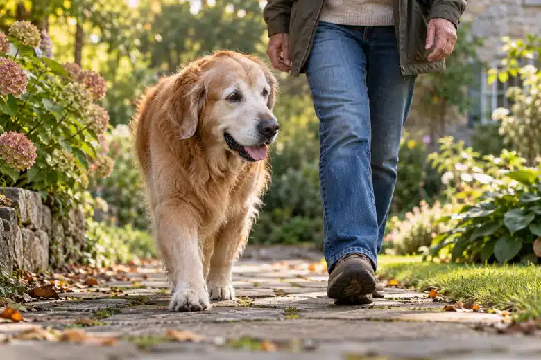Senior golden retriever on garden walk