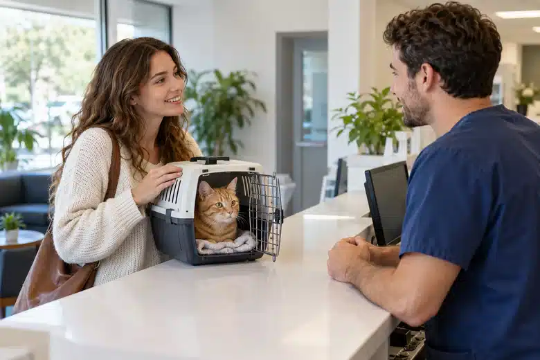 Owner with cat carrier discussing arrangements at a veterinary counter