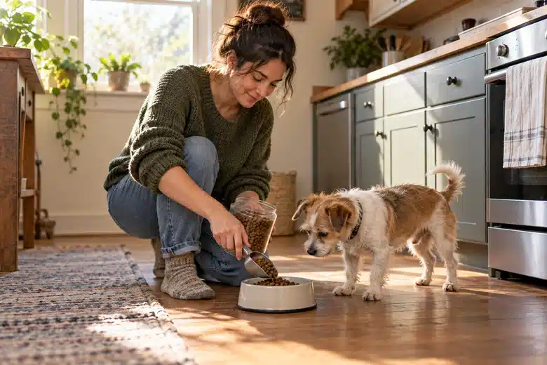 A woman portions pet food for a small dog in a modest kitchen