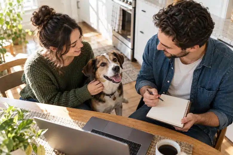 Two adults with a dog discussing care plans