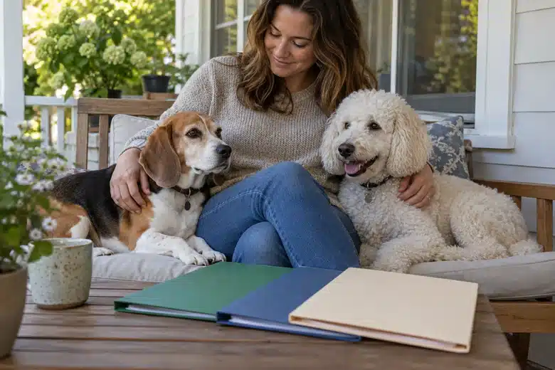 Beagle and white poodle with their owner on a porch
