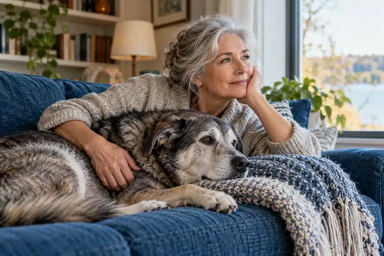 Older owner and mature dog resting by a window