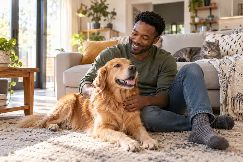 Owner relaxing with a golden retriever and cat in a sunlit home