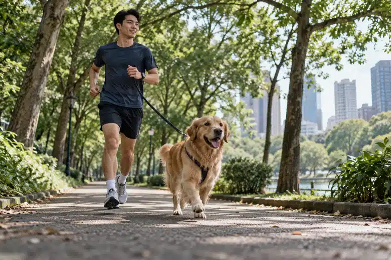 Young man and dog exercise on a tree-shaded urban trail