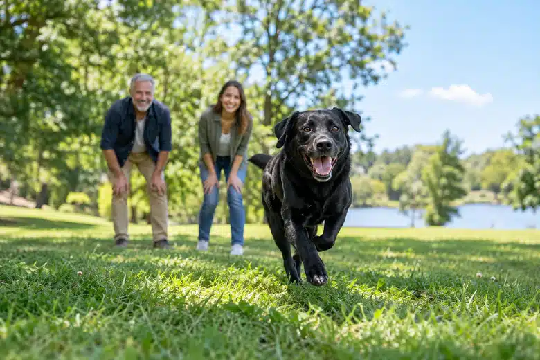 Dog owners watching a black dog in an open park