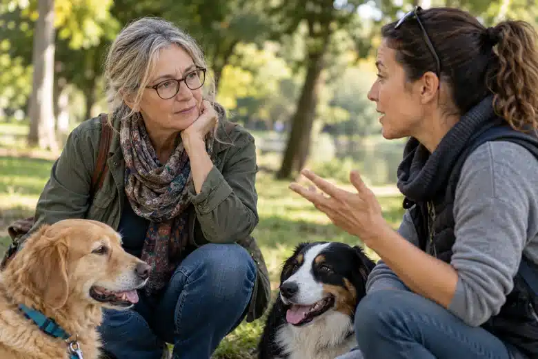 Two dog owners discussing their experiences outdoors