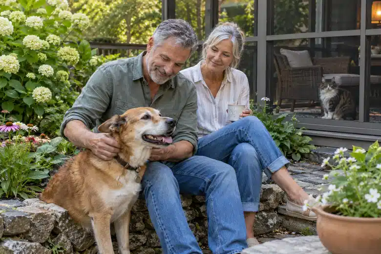 Couple relaxing with a dog in a garden and a cat on a screened porch
