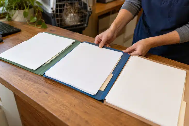 Hands aligning three unbranded policy folders at a veterinary counter