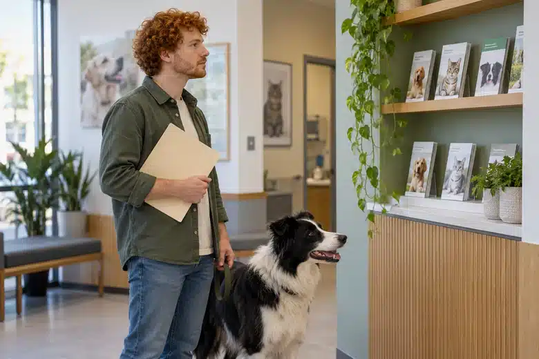 Man with a collie holding a folder beside clinic brochures
