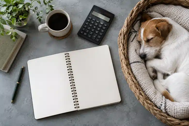 Blank notebook and calculator beside a sleeping small dog