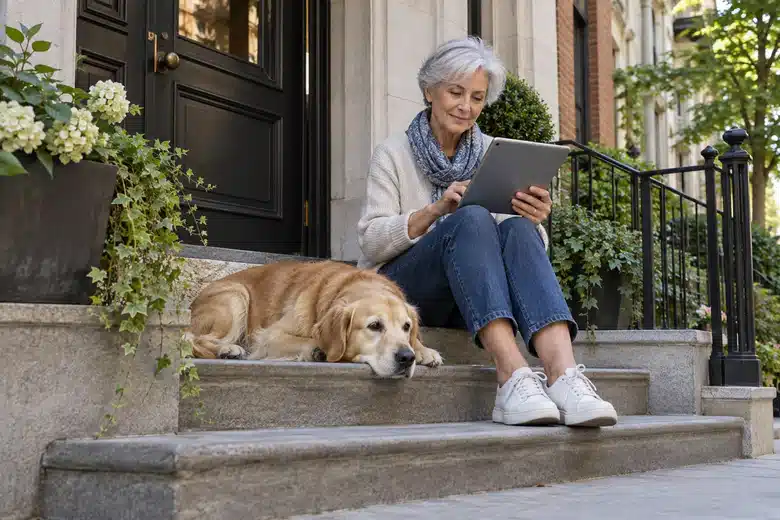 Older woman using a tablet beside a resting golden dog