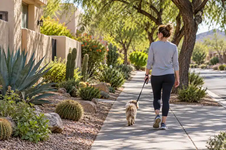 An owner walks a small dog along a shaded southwestern residential sidewalk