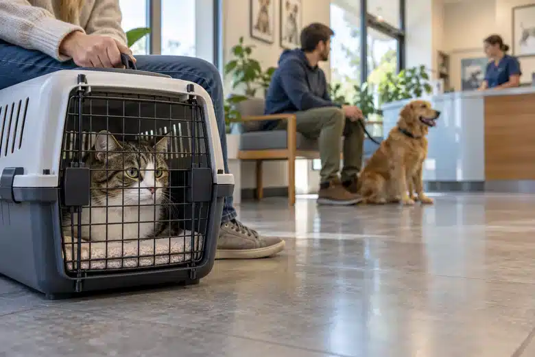 Cat and dog in a US veterinary waiting room