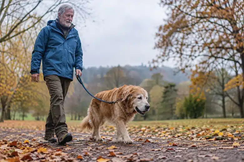Older man in a blue jacket walking a senior golden retriever through an autumn park