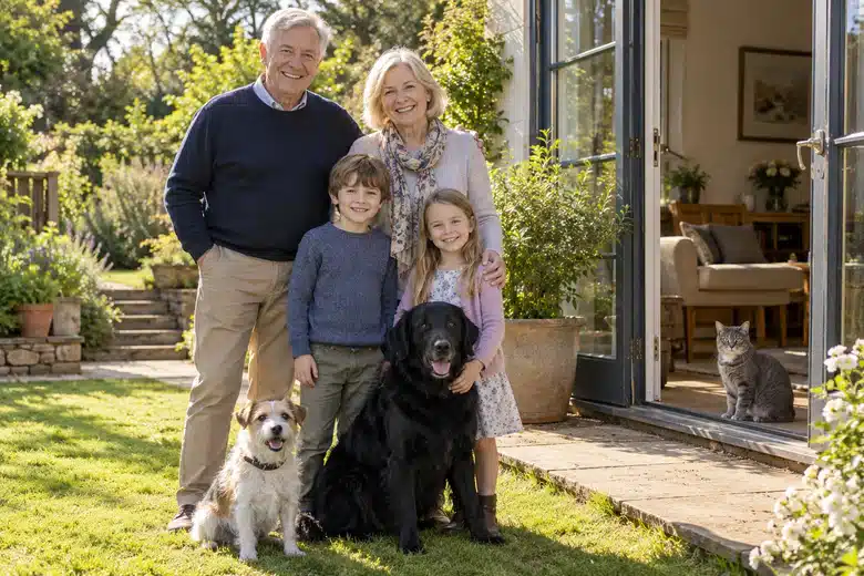 Family with two different dogs in a garden
