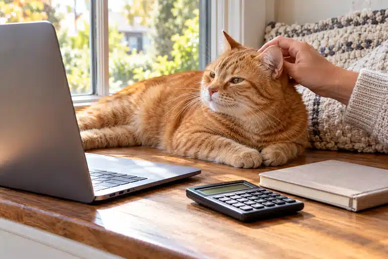 Orange cat beside a notebook, calculator and laptop