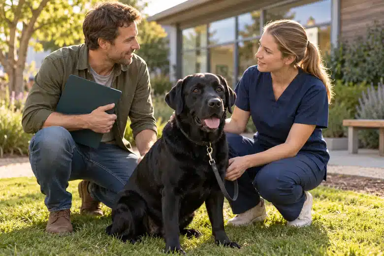 Black Labrador beside its owner and a veterinary nurse in a courtyard