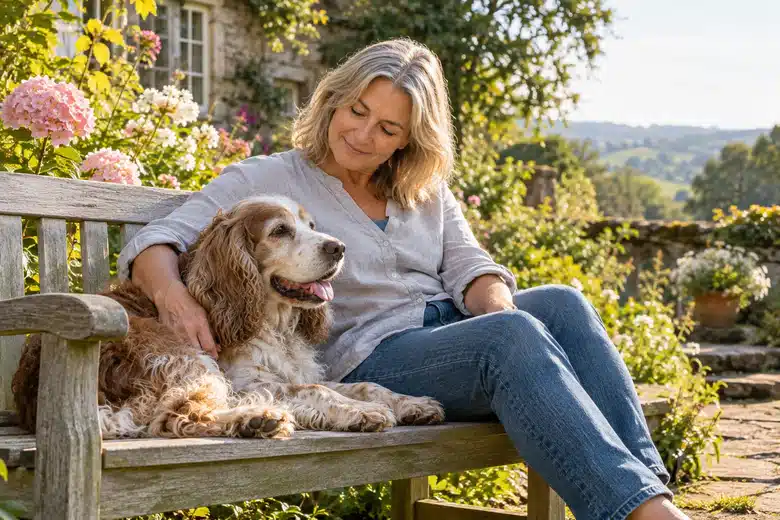 Older spaniel and owner resting together on a garden bench