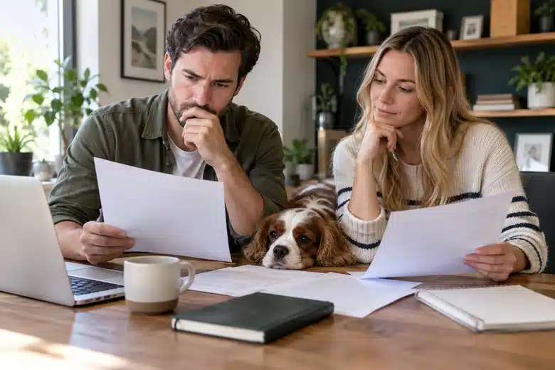 Two owners reviewing documents with a spaniel between them