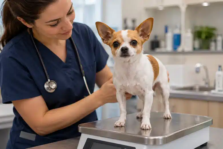 A tiny short-haired dog standing on a veterinary scale beside a technician