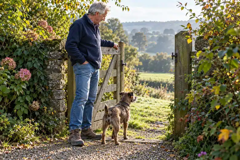 Silver-haired man and brindle terrier beside an open garden gate