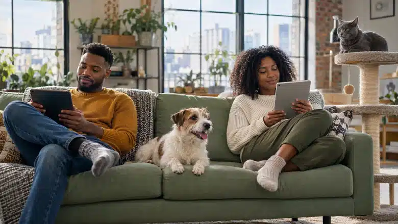 Couple using tablets on a green sofa with a terrier between them and a grey cat on a cat tree