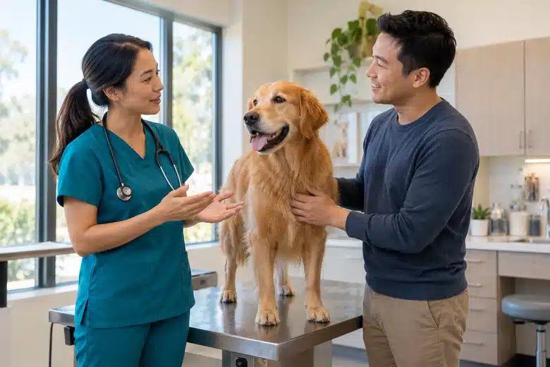 Veterinarian speaking with a dog owner beside a golden retriever on an examination table