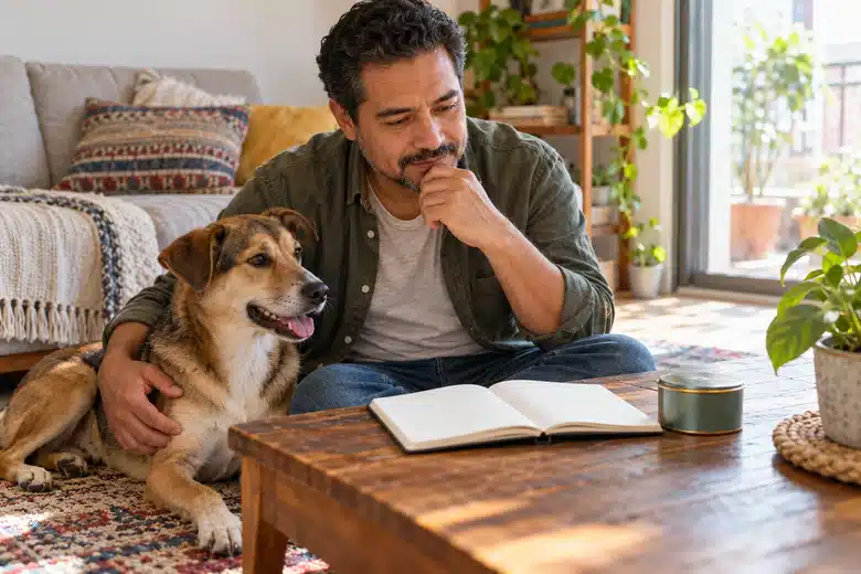 A pet owner and mixed-breed dog beside a notebook and savings tin