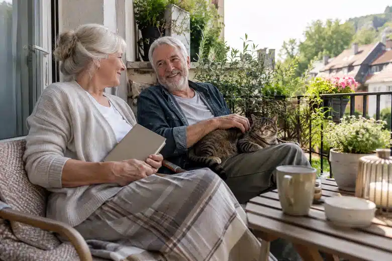 Older couple sitting on a balcony with a tabby cat
