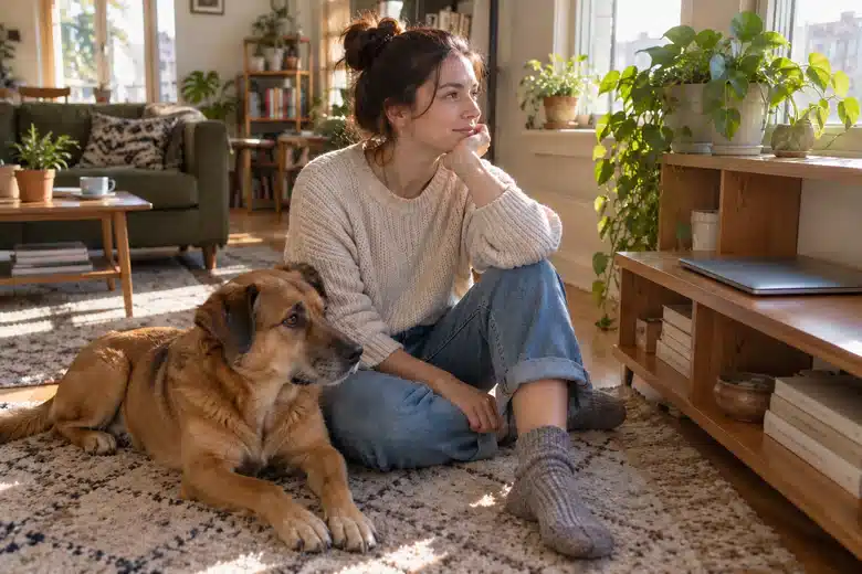 Owner sitting beside a dog in a modest home