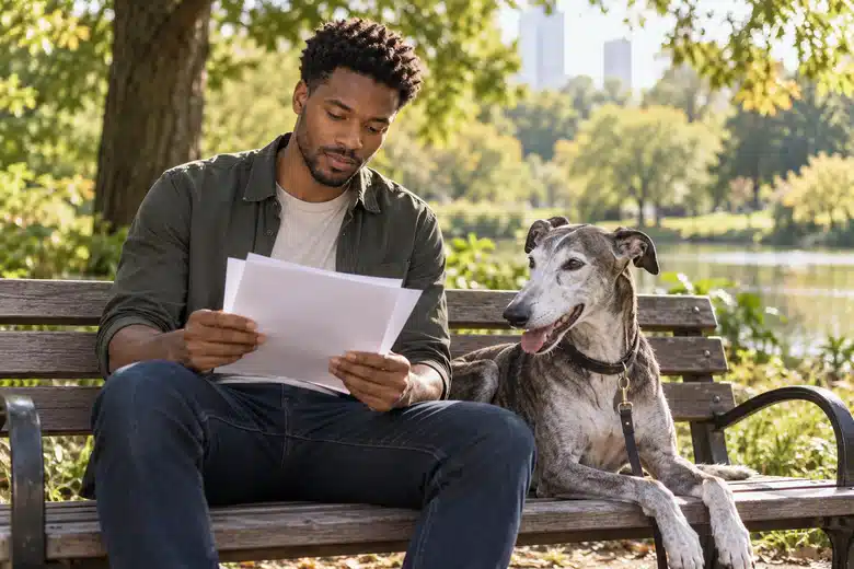 Man reviewing documents beside an elderly greyhound on a park bench