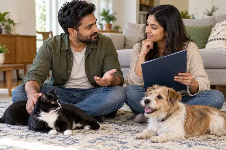 Couple discussing a folder while seated with a tuxedo cat and terrier