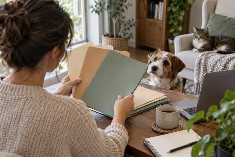 Owner reviewing unbranded folders with a dog and cat nearby