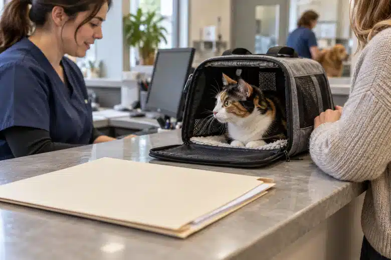 Unmarked document folder at reception with calico cat carrier