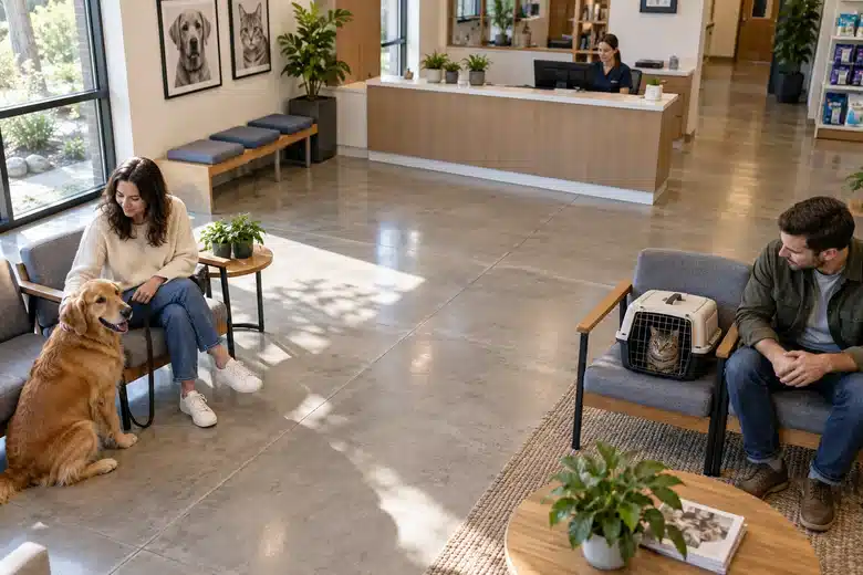 Dog and cat in separate areas of a veterinary reception