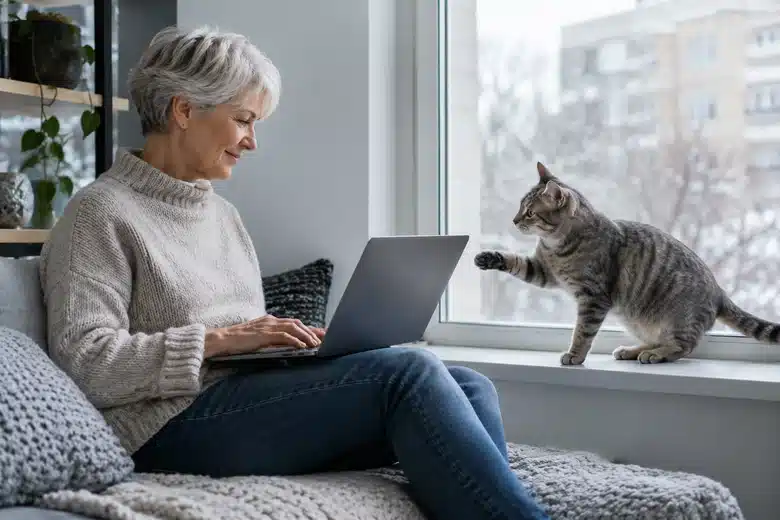 Older woman using a laptop on a window seat while a grey tabby cat reaches toward her