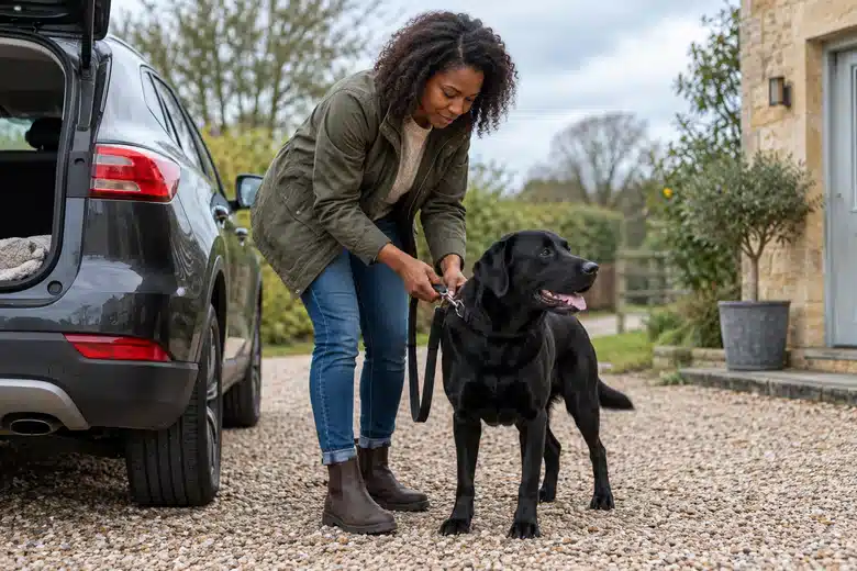 Woman securing a black dog’s leash beside a parked car