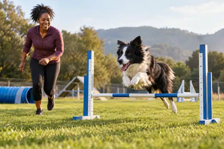 Woman watching a border collie clear a low jump at an outdoor agility field