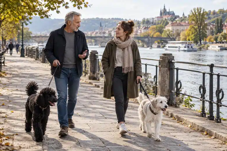 Two adults walking a black poodle and a white mixed-breed dog along a riverside path