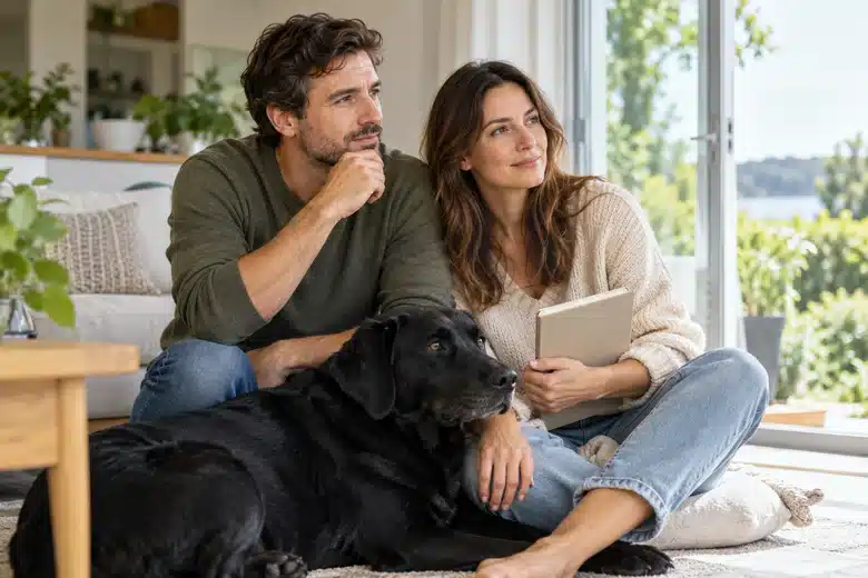 Couple sitting with a black dog and a plain closed notebook in a bright home