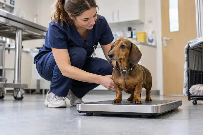 Veterinary nurse weighing a dachshund