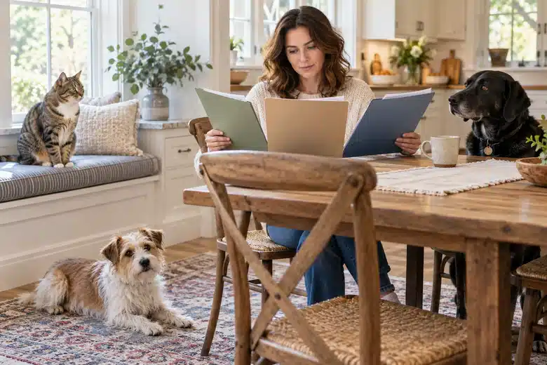 Two dogs and a tabby cat near an owner comparing folders at home