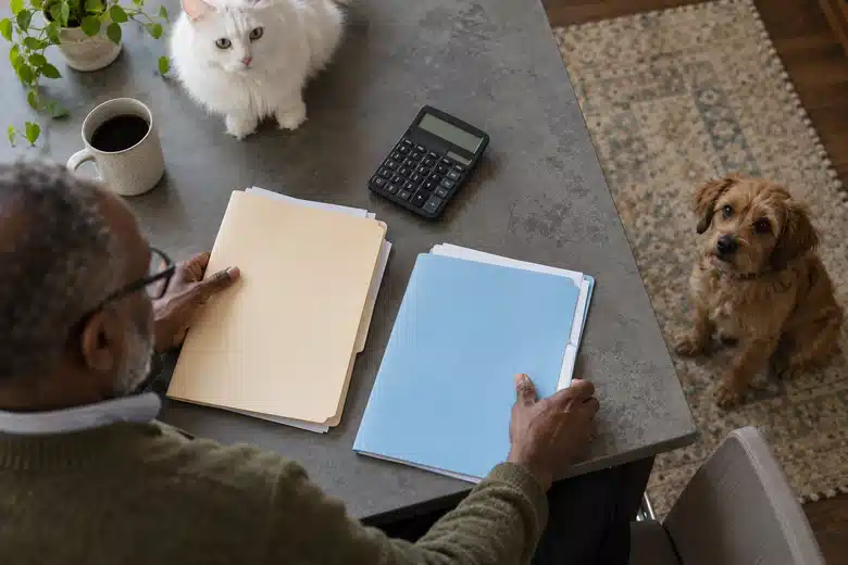 Two pet folders, a cat and a small dog beside a household workspace