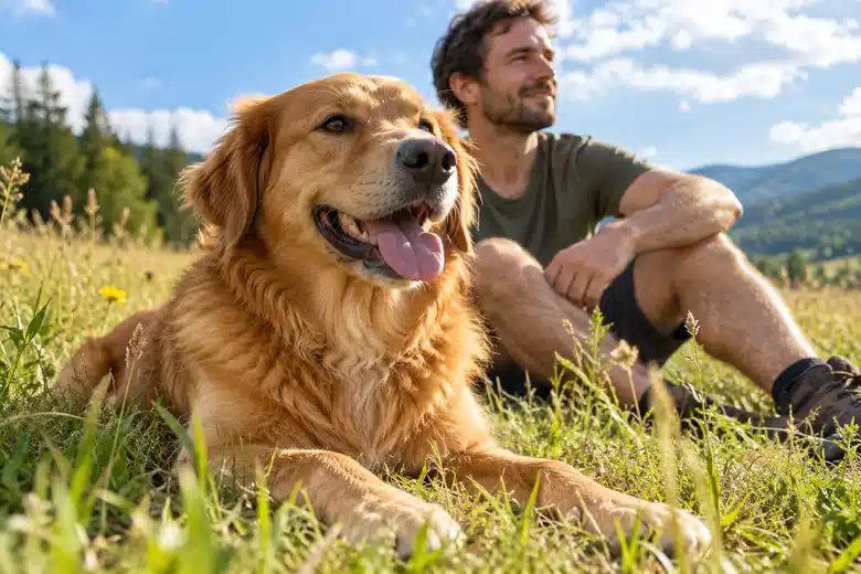 Golden mixed-breed dog resting in a meadow beside its owner