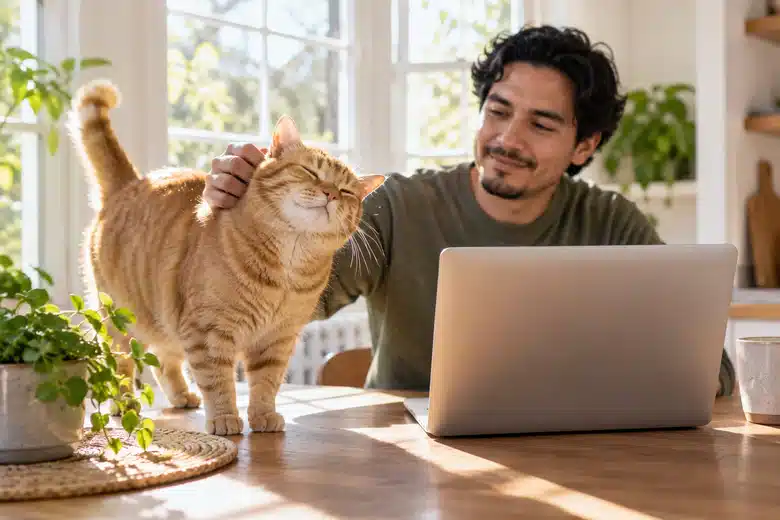 Man using a laptop beside a ginger cat in a kitchen