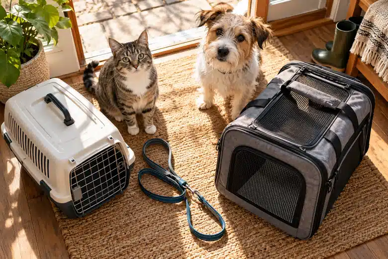 A terrier and cat beside different pet carriers in a bright entrance