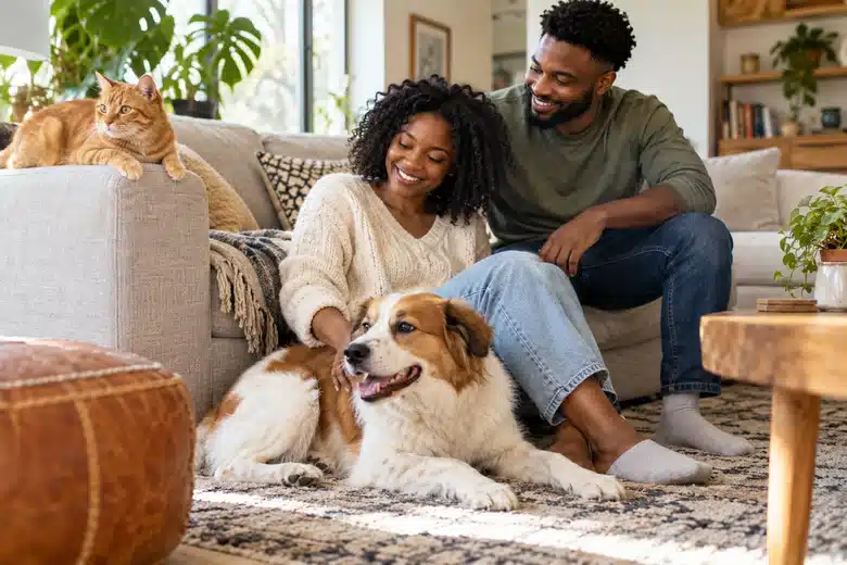Couple at home with a distinct orange cat and brown-and-white dog