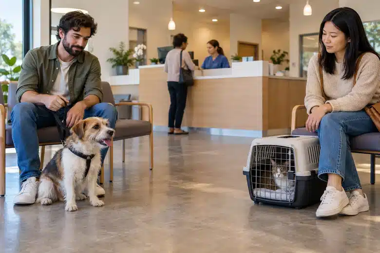 Dog and cat carrier in separate areas of a veterinary waiting room