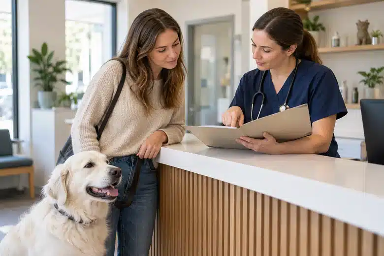 A woman and white dog stand at a veterinary reception desk with a clinician