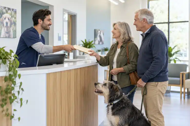 Receptionist handing a plain folder to a couple with a dog